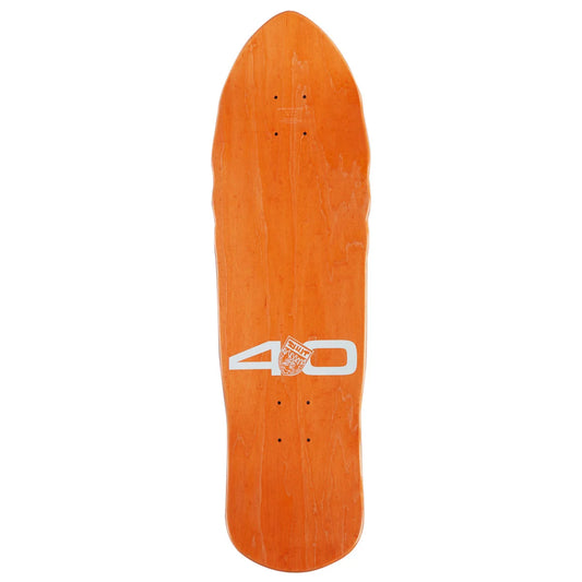 An orange skateboard deck shown vertically against a plain white background, featuring a white graphic with the number 40 and a small red logo in the center.