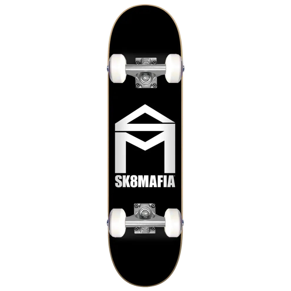 Black skateboard with a white logo on a white background