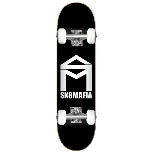 Black skateboard with a white logo on a white background