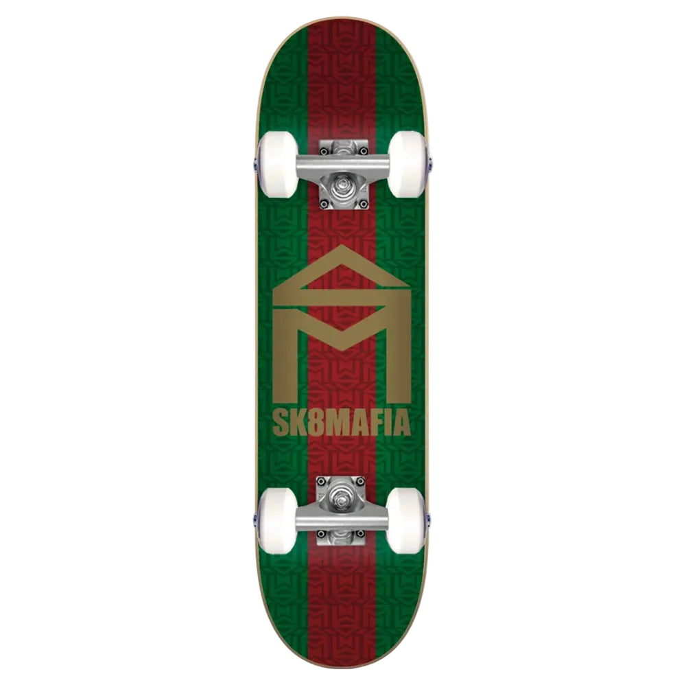 A skateboard deck featuring a green and red striped design with a gold 'M' logo and the text 'SKBMAFIA' printed on the bottom, shown against a light gray background.