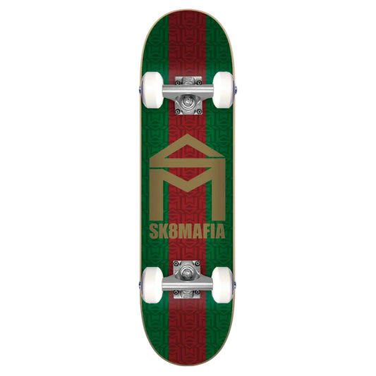 A skateboard deck featuring a green and red striped design with a gold 'M' logo and the text 'SKBMAFIA' printed on the bottom, shown against a light gray background.