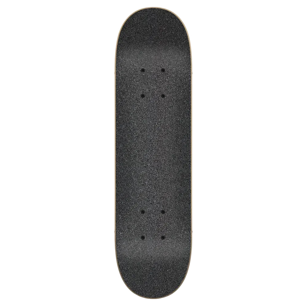 A skateboard deck viewed from the underside, showing a black grip-tape surface with visible wood edges, centered on a plain light gray background.