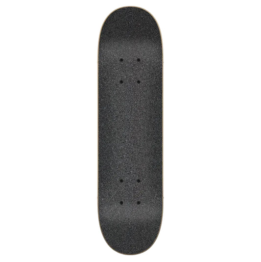 A skateboard deck viewed from the underside, showing a black grip-tape surface with visible wood edges, centered on a plain light gray background.
