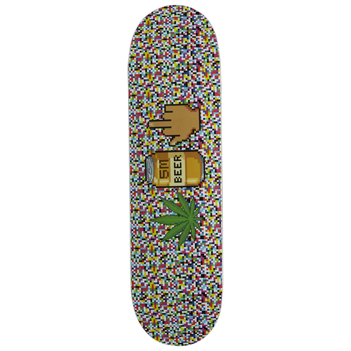 A skateboard deck featuring a colorful pixelated mosaic pattern with a green cannabis leaf and a brown hand graphic pointing to a gold bong labeled 'ENT BEER'.