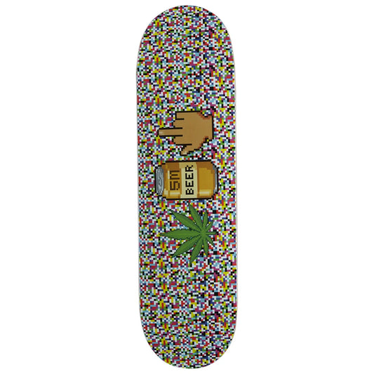 A skateboard deck featuring a colorful pixelated mosaic pattern with a green cannabis leaf and a brown hand graphic pointing to a gold bong labeled 'ENT BEER'.