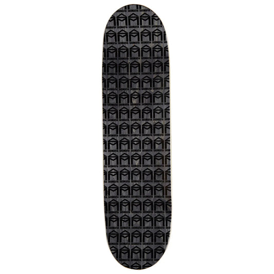 A skateboard deck with a black and dark gray geometric pattern, shown vertically against a plain white background.