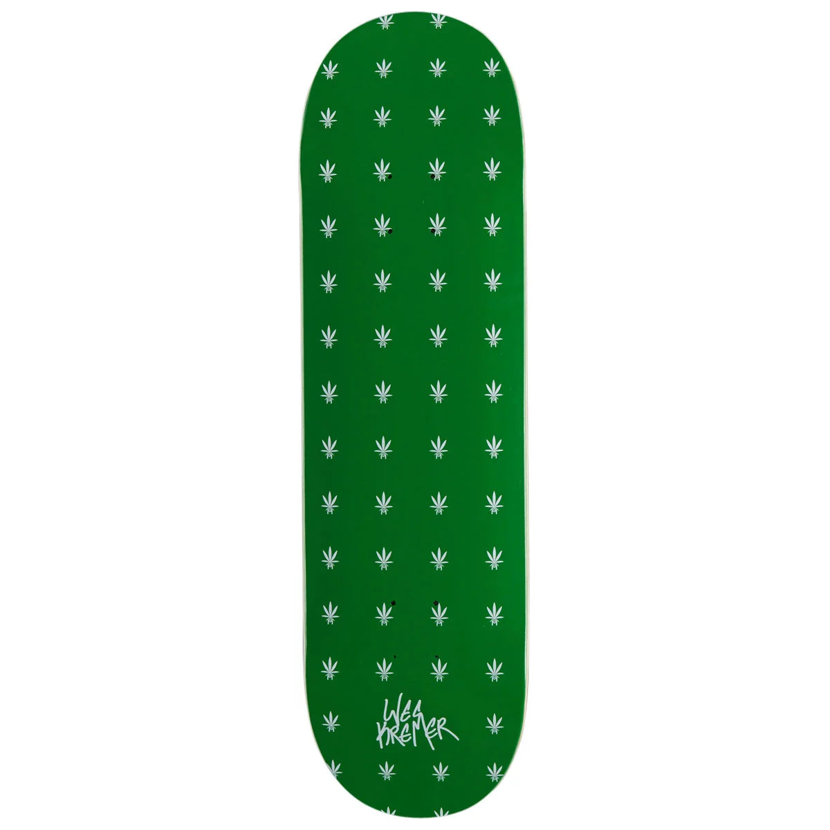 A green skateboard deck featuring a repeating pattern of small white cannabis leaves, with the 'Iron Horse' brand logo printed in white near the bottom.