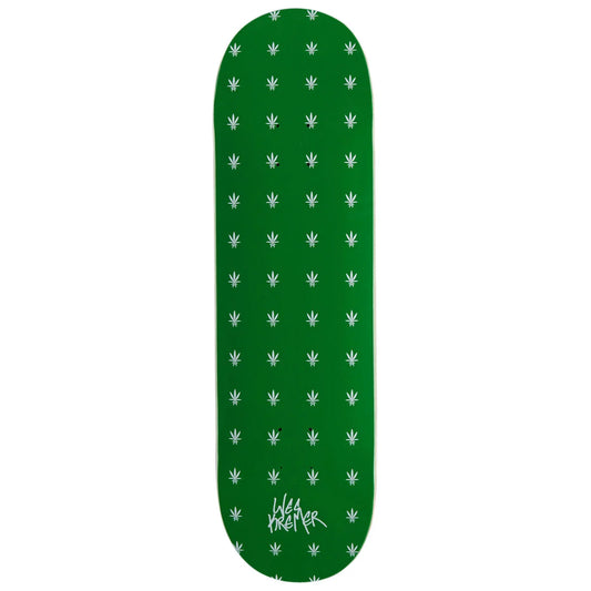 A green skateboard deck featuring a repeating pattern of small white cannabis leaves, with the 'Iron Horse' brand logo printed in white near the bottom.
