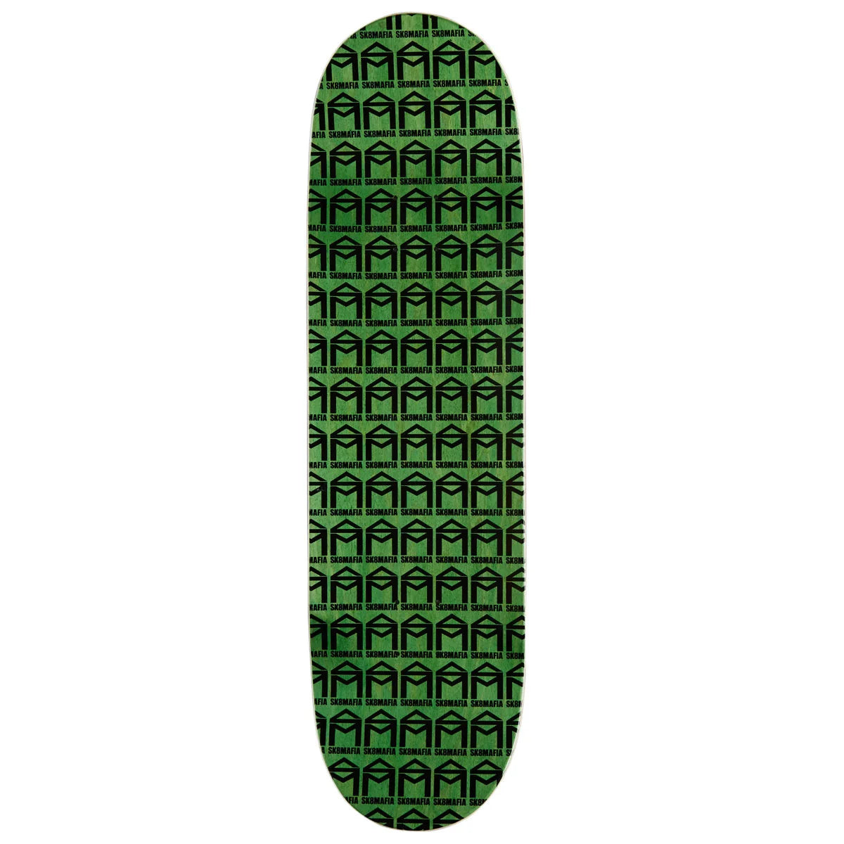 A skateboard deck with a repeating green and black geometric pattern, shown vertically against a plain white background.