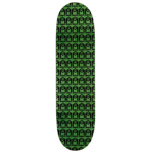 A skateboard deck with a repeating green and black geometric pattern, shown vertically against a plain white background.