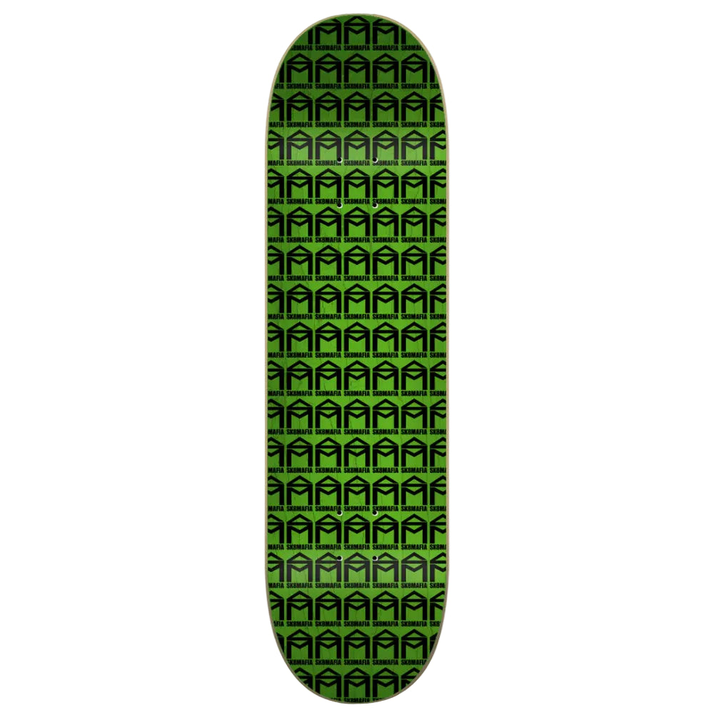 Skateboard deck with green and black pattern on a white background