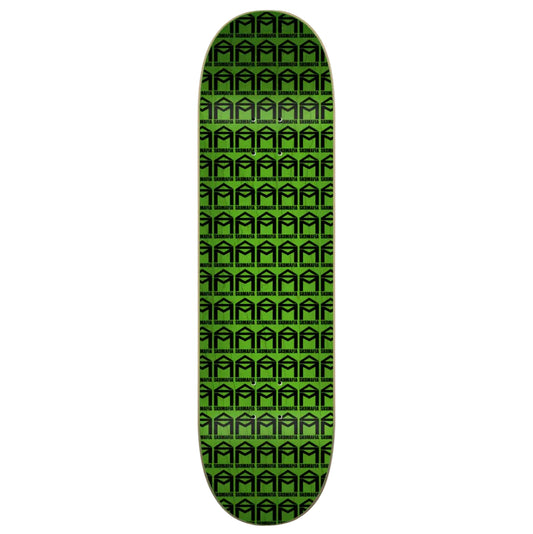 Skateboard deck with green and black pattern on a white background