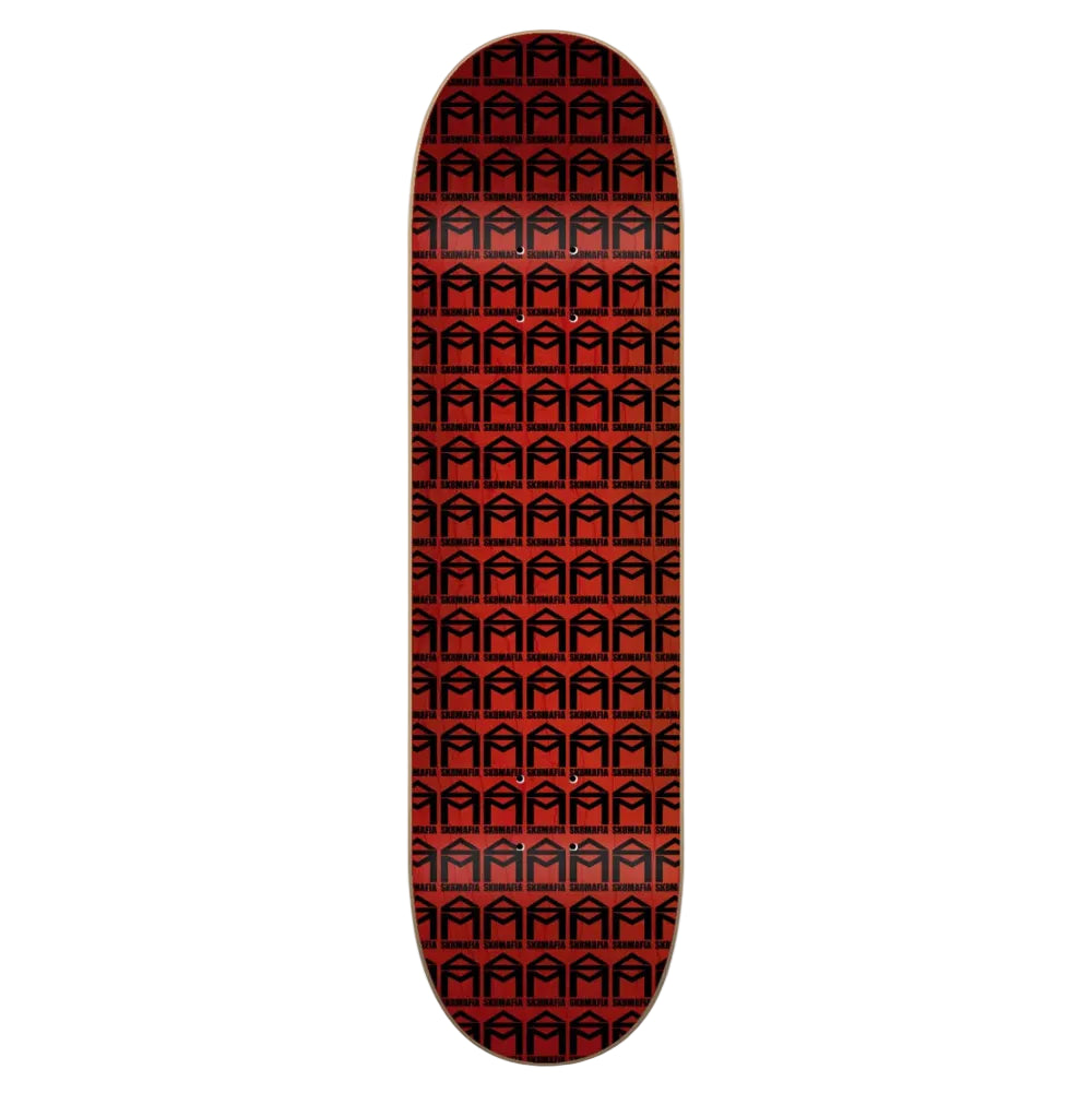 A skateboard deck with a repeating black geometric arch pattern on a dark red background, shown vertically against a light gray studio backdrop.
