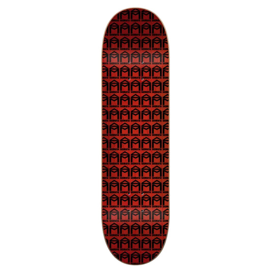 A skateboard deck with a repeating black geometric arch pattern on a dark red background, shown vertically against a light gray studio backdrop.