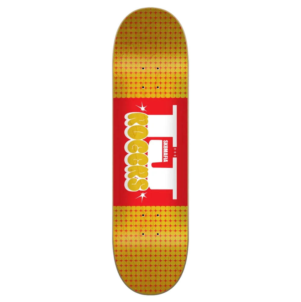A skateboard deck shown vertically against a light gray background, featuring a red center graphic with the word 'ROCKNROLLER' in yellow and white, and a yellow dotted pattern bordering the top and bottom halves.