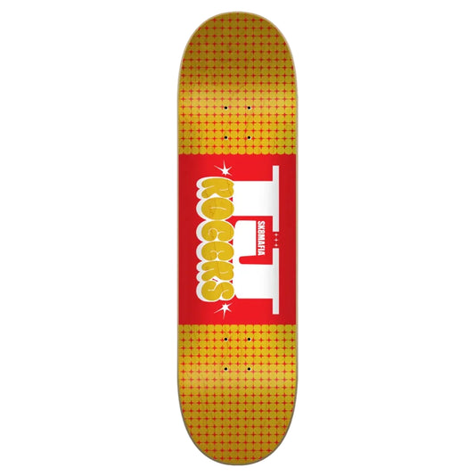 A skateboard deck shown vertically against a light gray background, featuring a red center graphic with the word 'ROCKNROLLER' in yellow and white, and a yellow dotted pattern bordering the top and bottom halves.