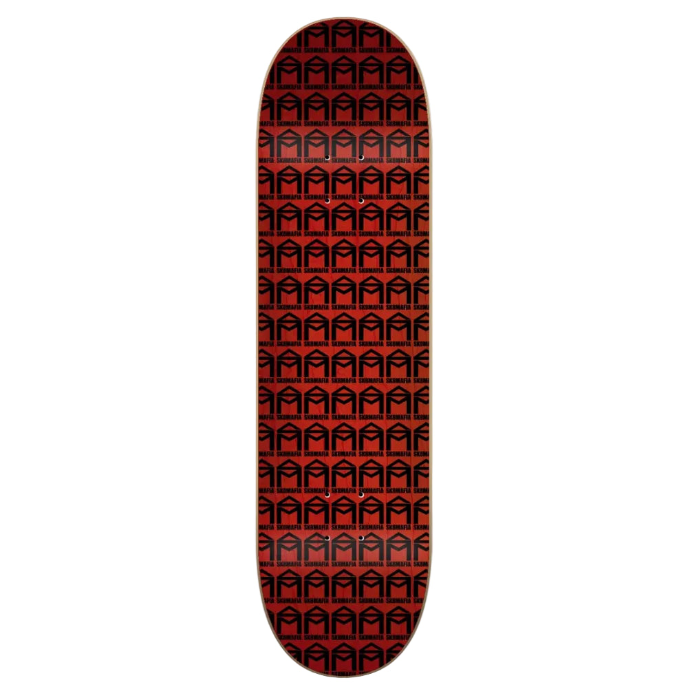 A skateboard deck with a repeating black geometric pattern over a dark red background, shown vertically against a light gray studio backdrop.