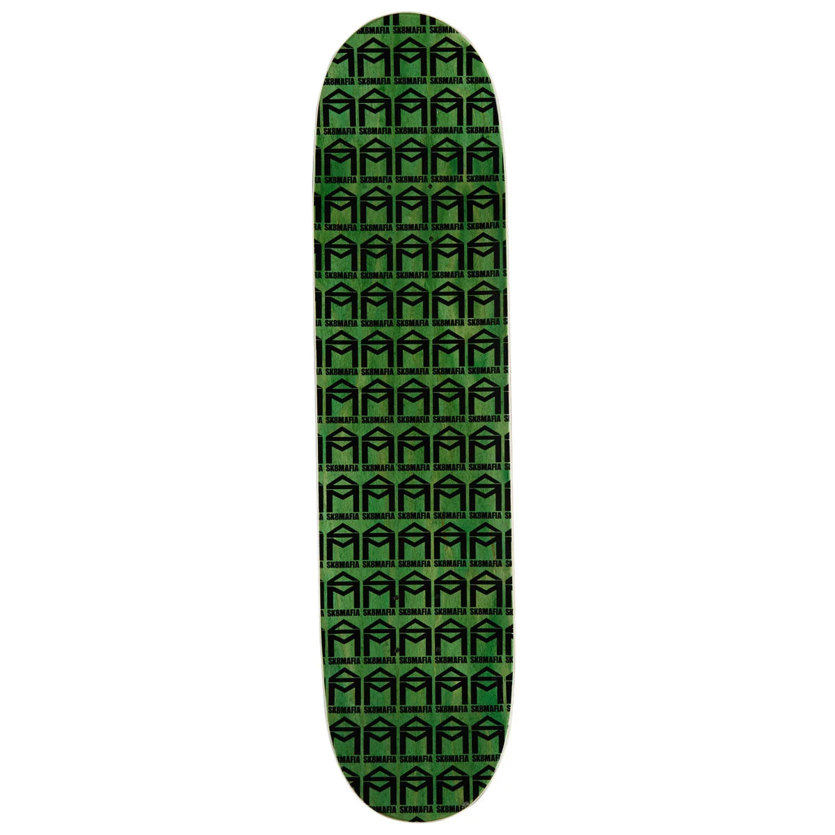 A skateboard deck with a repeating green and black geometric pattern, shown vertically against a plain white background.