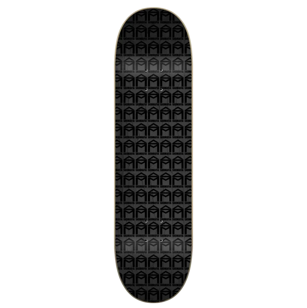 A skateboard deck with a black grip-tape pattern featuring a repeating arch motif, shown vertically against a light gray background.