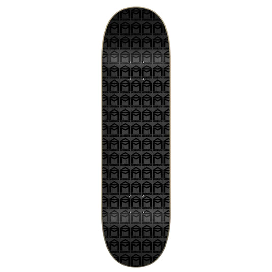 A skateboard deck with a black grip-tape pattern featuring a repeating arch motif, shown vertically against a light gray background.