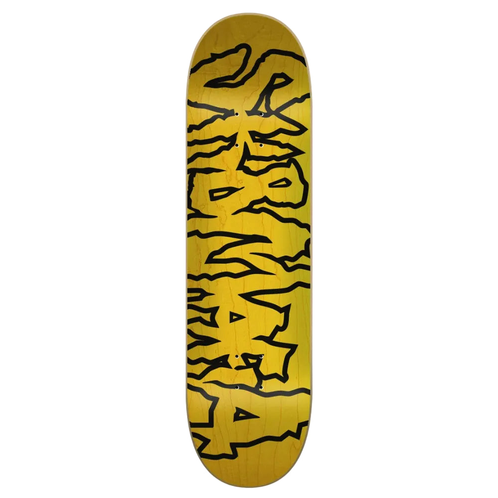 A skateboard deck with a natural wood grain yellow-gold background and bold black graffiti-style lettering, shown vertically against a light gray background.