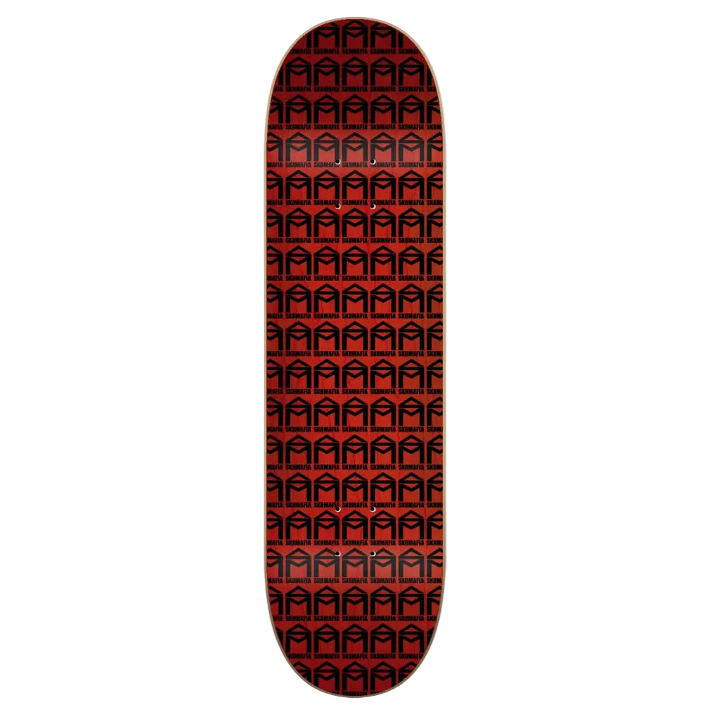 A skateboard deck with a repeating black geometric pattern over a dark red background, shown vertically against a light gray studio backdrop.