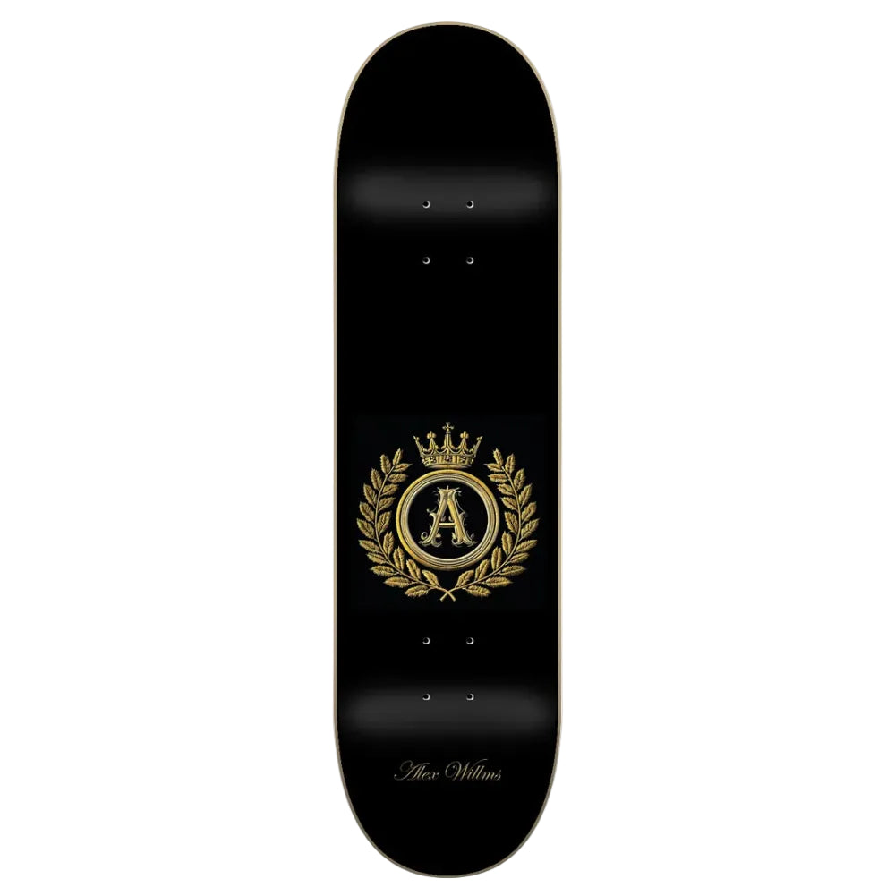 A black skateboard deck featuring a gold crest design with a crown, laurel wreath, and the letter 'A' in the center, with 'After Millar' printed in gold near the bottom, shown against a light gray background.