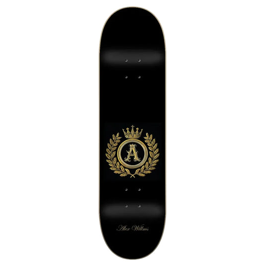 A black skateboard deck featuring a gold crest design with a crown, laurel wreath, and the letter 'A' in the center, with 'After Millar' printed in gold near the bottom, shown against a light gray background.