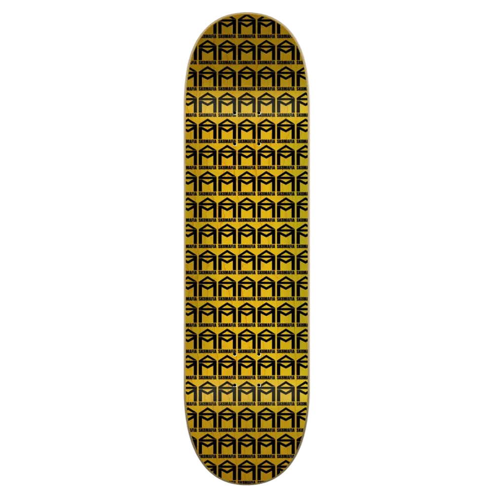 A skateboard deck with a repeating black geometric arch pattern on a metallic gold background, shown vertically against a light gray studio backdrop.