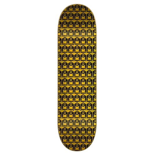 A skateboard deck with a repeating black geometric arch pattern on a metallic gold background, shown vertically against a light gray studio backdrop.