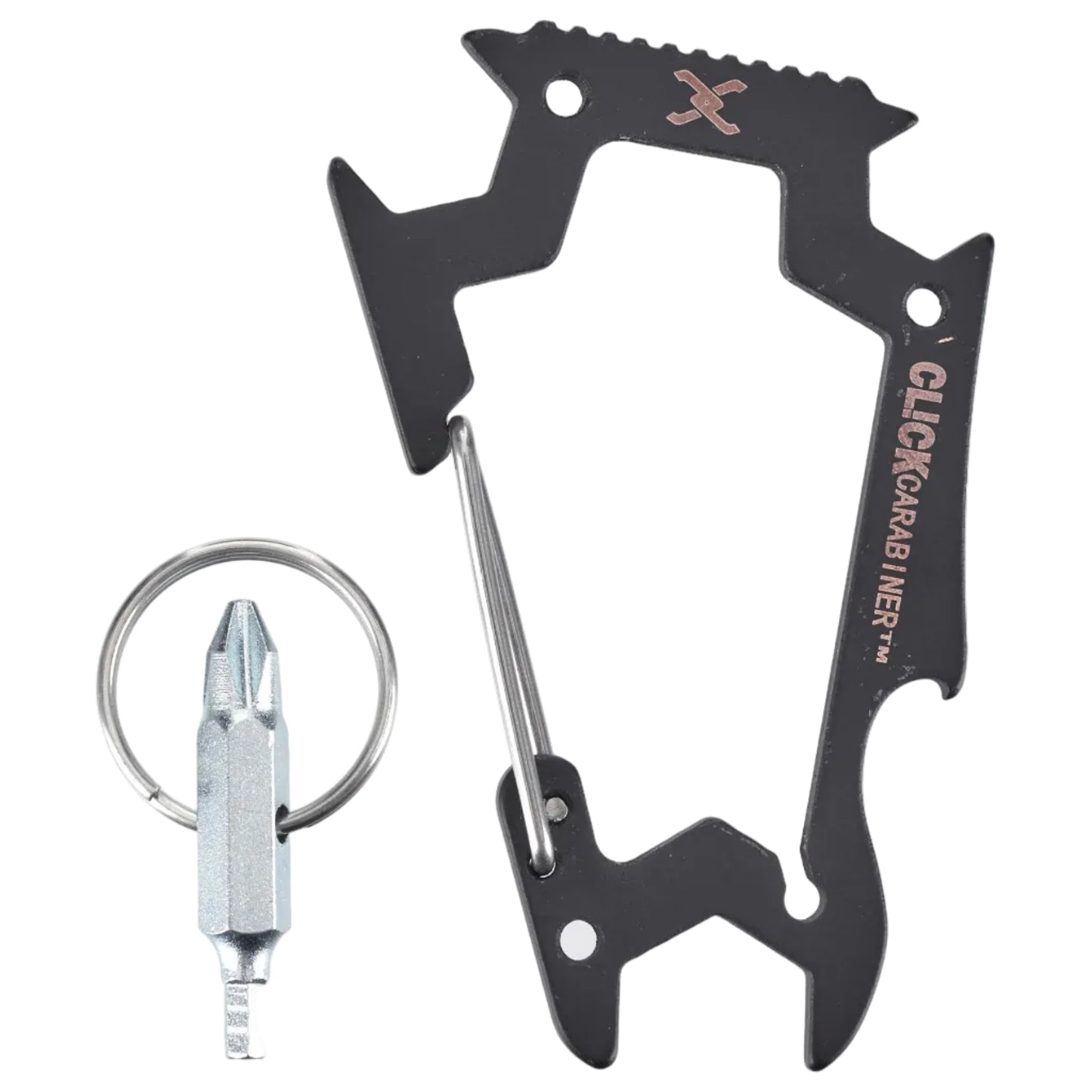 Black carabiner with keychain attachment on a white background