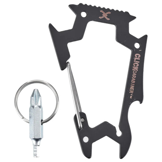 Black carabiner with keychain attachment on a white background