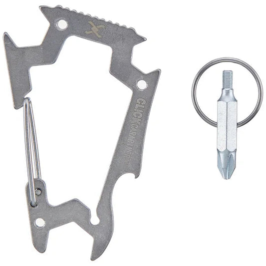 Multitool keychain with various tools on a white background