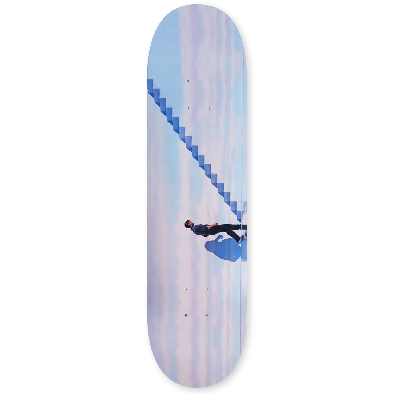 Skateboard deck with a graphic of a person on a cloud against a blue and white striped background