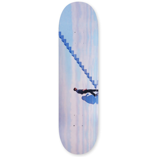 Skateboard deck with a graphic of a person on a cloud against a blue and white striped background