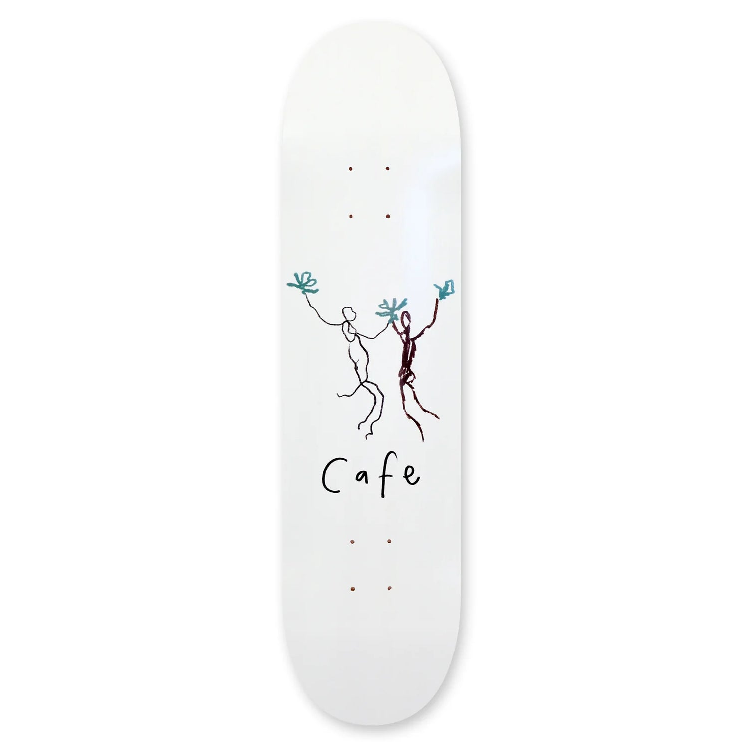 Skateboard deck with a design of two people holding hands and the word 'Cafe' on a white background