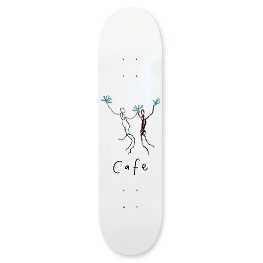 Skateboard deck with a design of two people holding hands and the word 'Cafe' on a white background