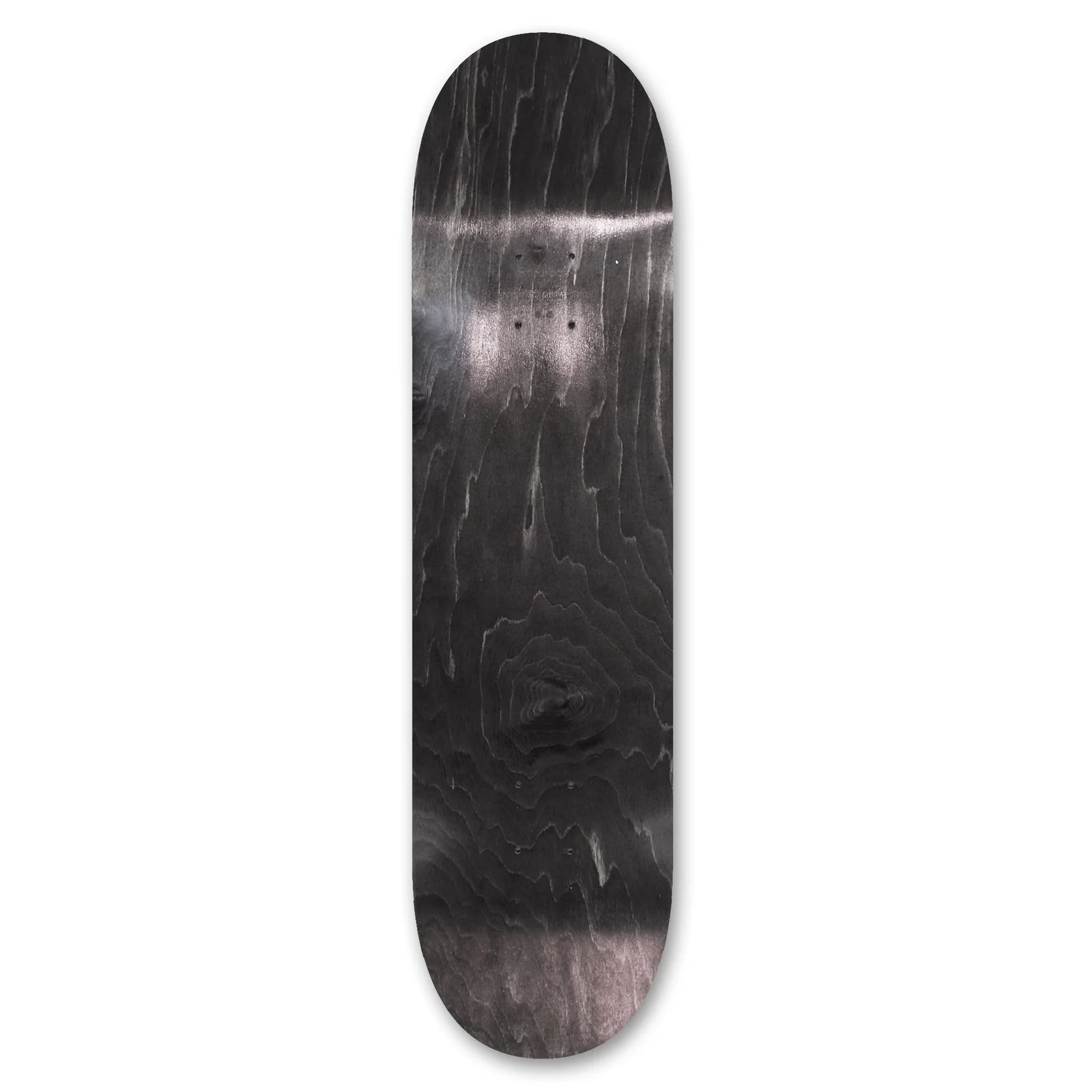 Skateboard deck with a black and gray wood grain pattern on a white background