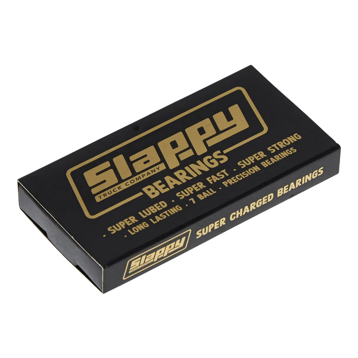 A black rectangular product box for Slappy Bearings, featuring gold text and logo details, photographed on a clean white background.