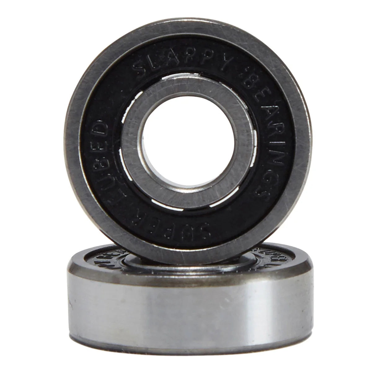 Two metallic slapper bearings stacked vertically on a plain white background, with one bearing upright and the other lying flat to show the side profile.