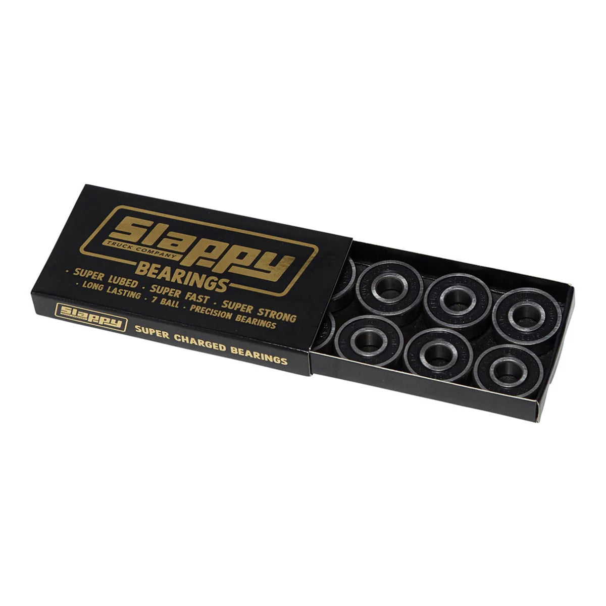 A box of Slappy Brand Super Charged Bearings, shown open to reveal multiple black ball bearings inside a black packaging box with gold lettering.