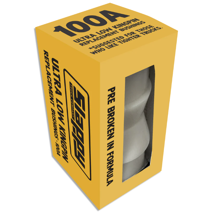Yellow box with a clear window displaying a product, featuring text about ultra low kingpin replacement bushings.