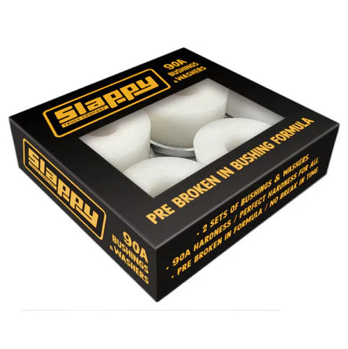 Box of Slappy bushings and washers with white components inside on a white background