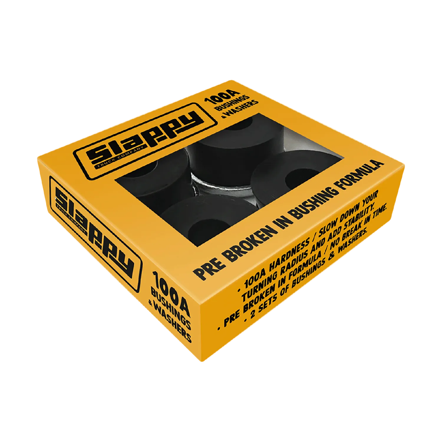 A yellow Slappy brand box containing pre-broken bushing washers, shown at an angle on a plain white background.