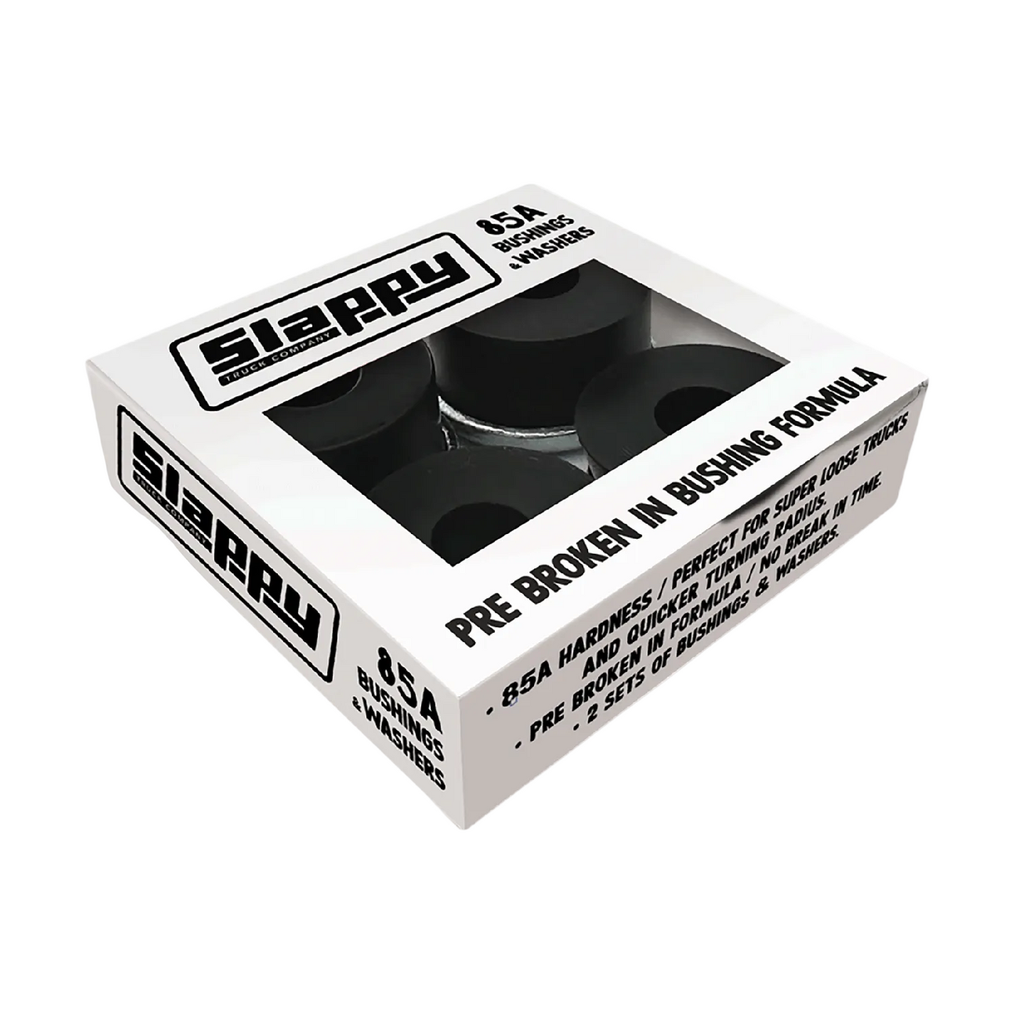 A boxed set of black Slappy brand bushings in a white retail box with a clear window, photographed on a plain white background.