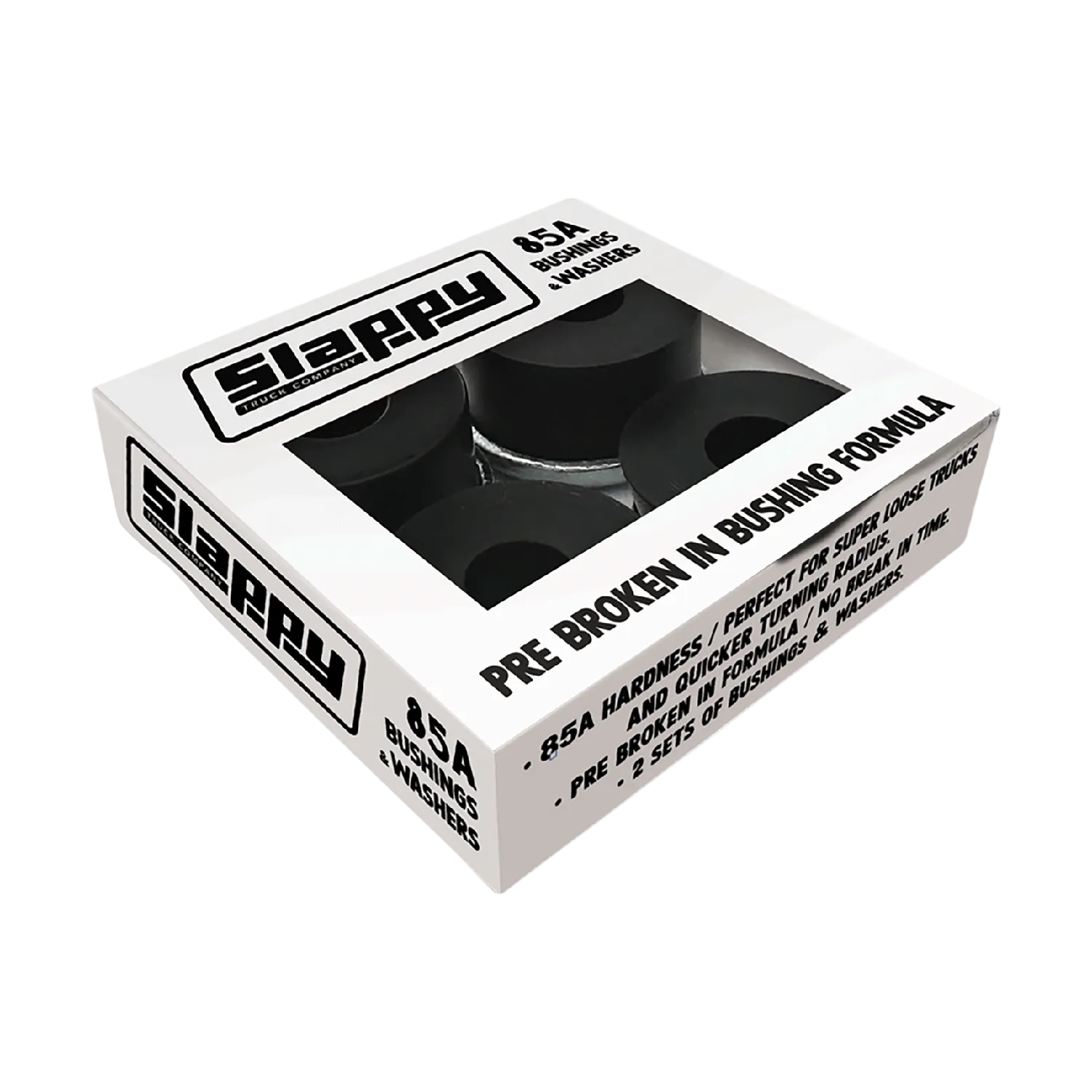 A boxed set of black Slappy brand bushings in a white retail box with a clear window, photographed on a plain white background.
