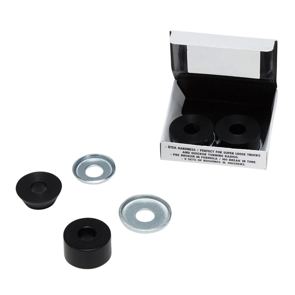 A set of black rubber bushings and silver metal washers, shown with their open retail packaging box on a plain white background.