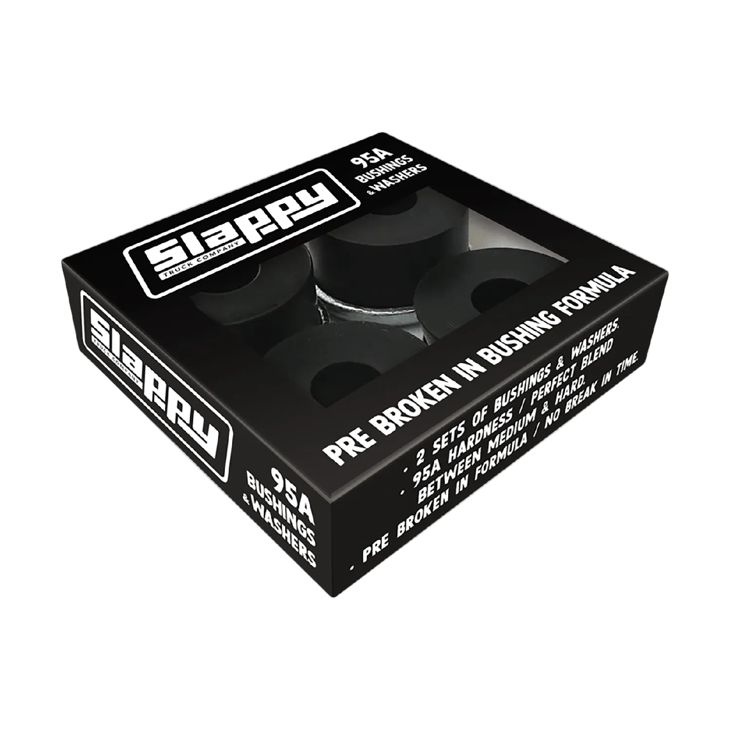 A black retail box of Slappy Performance 95A pre broken in Formula bushings, featuring a clear window that displays two black bushings inside. The packaging is black with bold white text and branding.