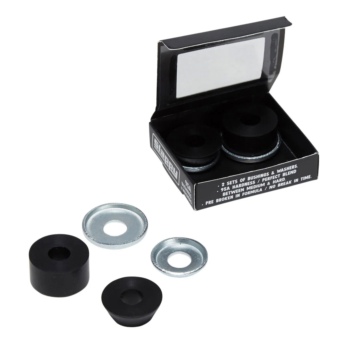 A set of black rubber bushings and washers displayed next to their black retail box on a white background.