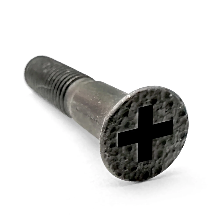 Metal screw with a cross pattern on a white background